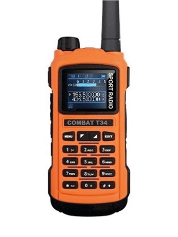 Рация ✪ КОМБАТ T-34 СПОРТ до 6-8 Ватт, 130-520 МГц VHF+UHF, 2000мА, USB зарядка, 128 каналов, IP67 влаго-защита, две PTT, сканер частот, фонарь, оранжевая